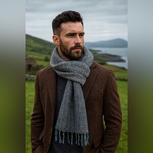 Vintage Handwoven Donegal Irish Tweed Wool Scarf Grey Blue Men’s Scarf Ireland
